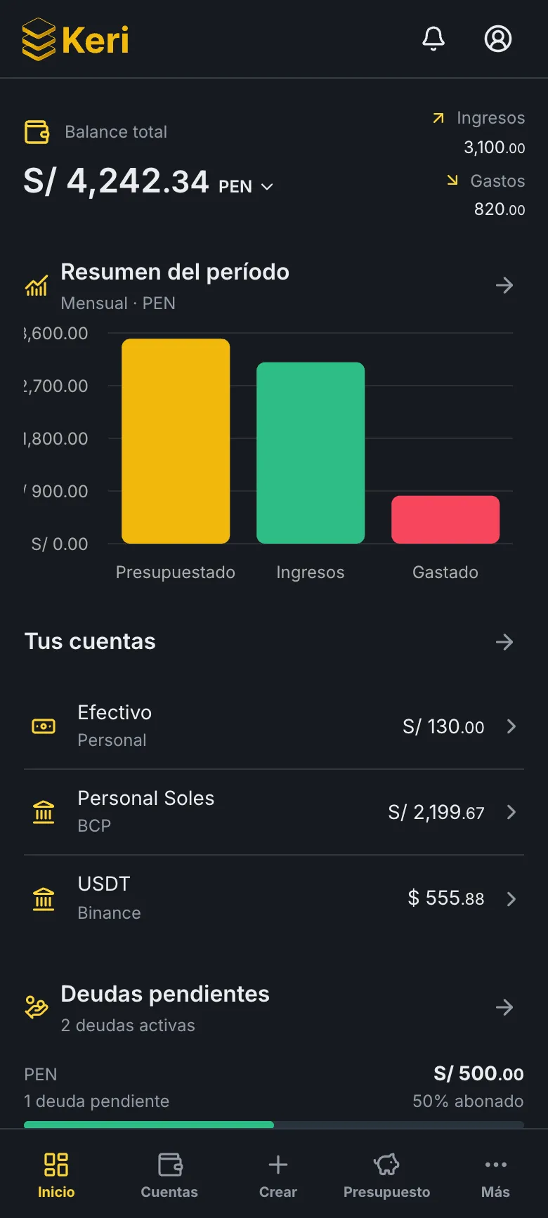 Vista móvil de OpenKeri con balance, cuentas y actividad financiera.